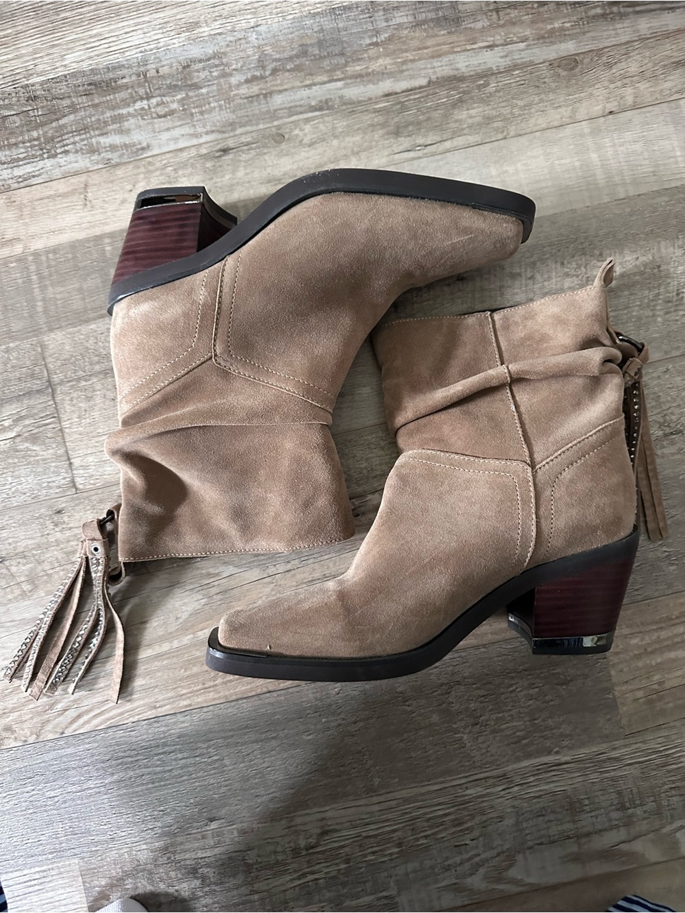 Vince Camuto Taupe Suede Slouch Ankle Boots with Tassel